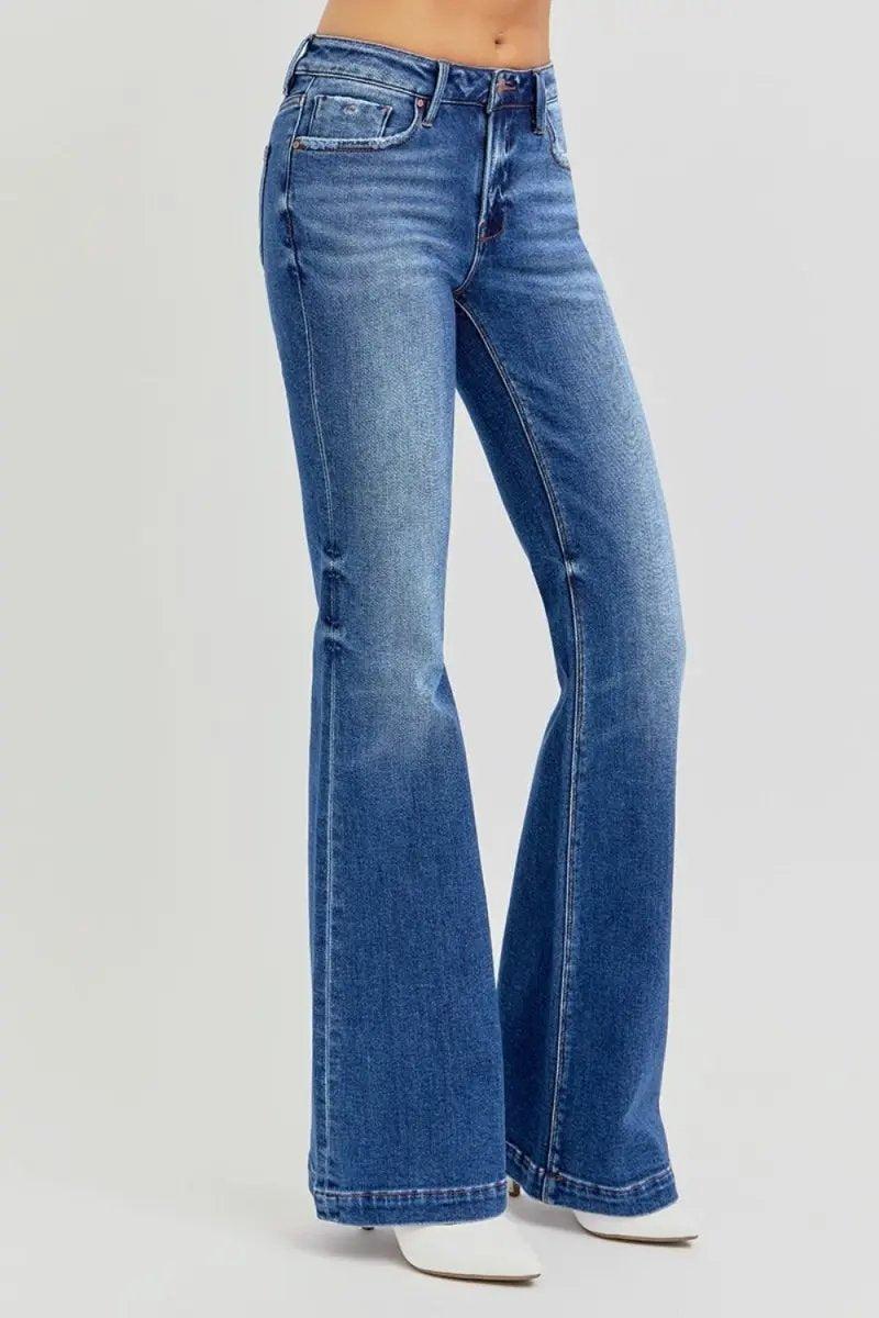 RISEN Full Size Low Rise Flare Jeans with Pockets Available - Love Salve